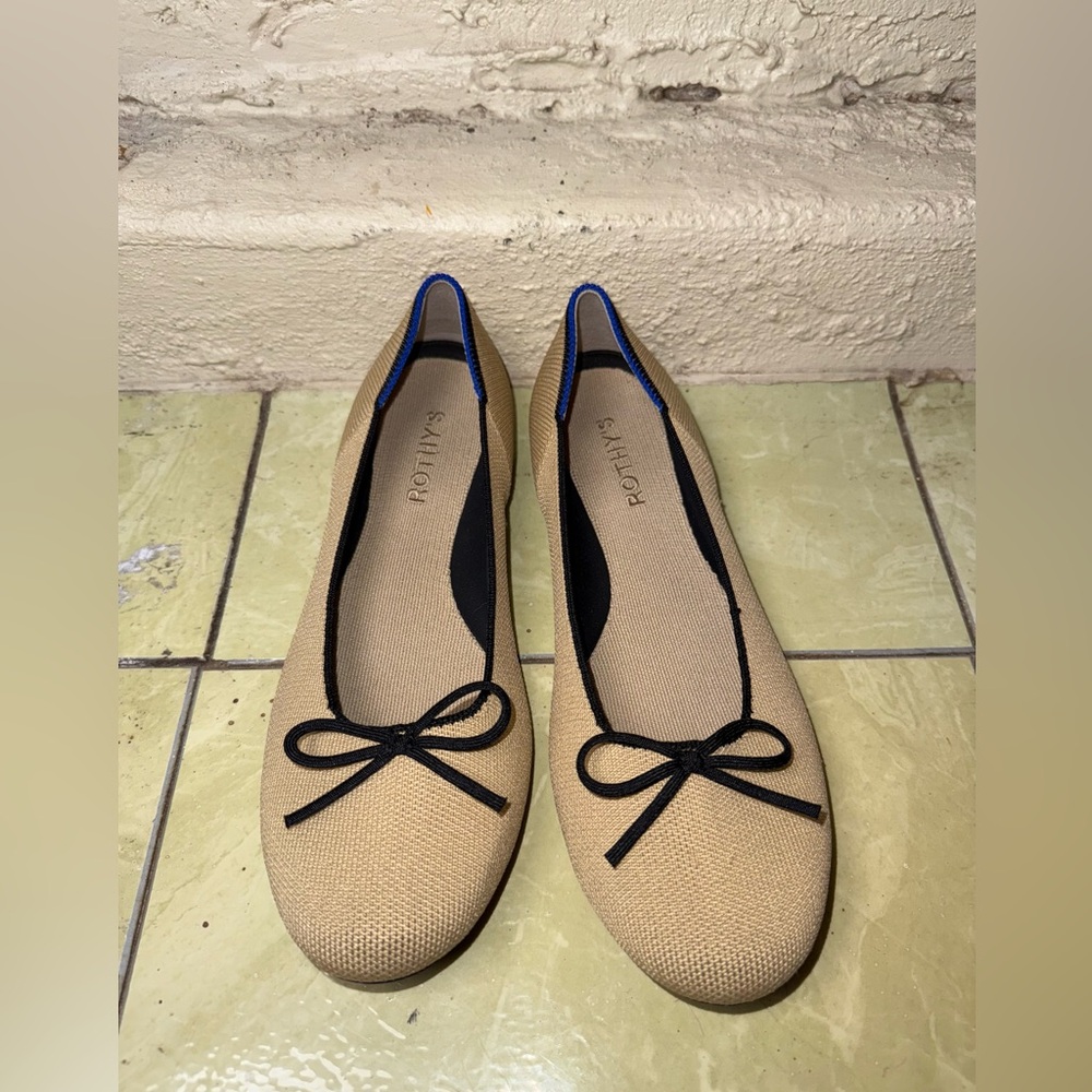 Rothy’s Tan Knit Ballet Flats Black Bow Round Toe Sustainable Size 9.5 - Picture 4 of 9